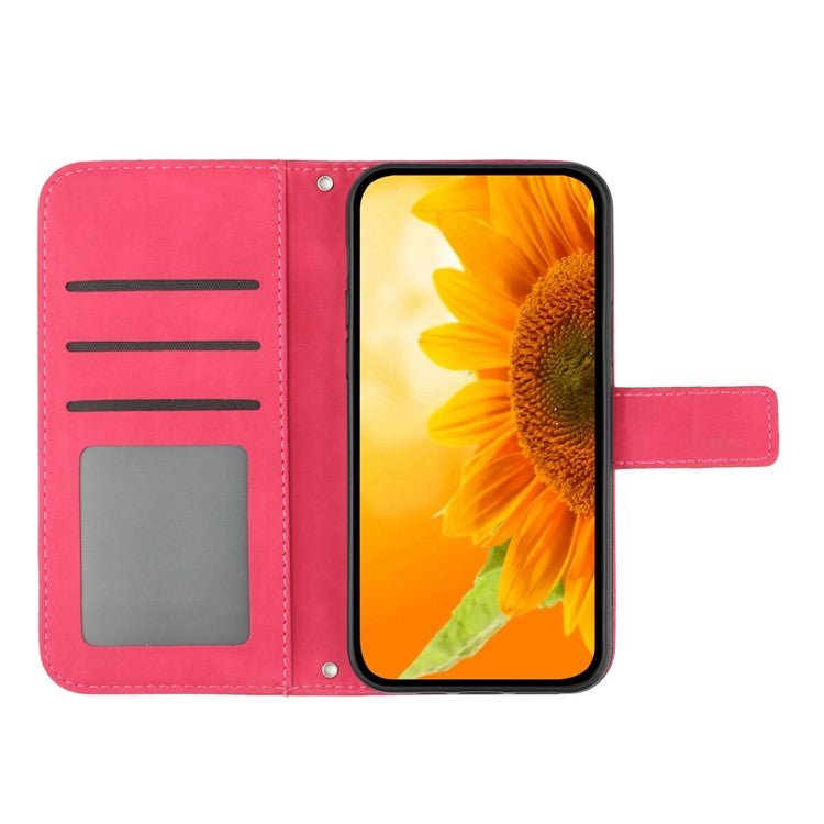 For Google Pixel 7 5G HT04 Imprinted Sunflower Anti-scratch Phone Case PU Leather Stand Wallet Skin-Touch Smartphone Cover with Hand Strap - Rose
