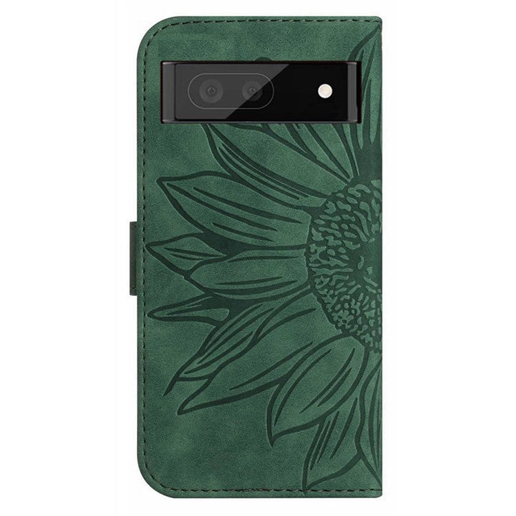 For Google Pixel 7 5G HT04 Imprinted Sunflower Anti-scratch Phone Case PU Leather Stand Wallet Skin-Touch Smartphone Cover with Hand Strap - Dark Green