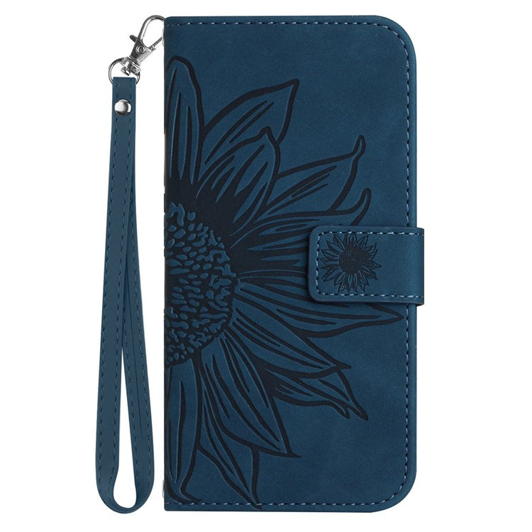 For Google Pixel 7 5G HT04 Imprinted Sunflower Anti-scratch Phone Case PU Leather Stand Wallet Skin-Touch Smartphone Cover with Hand Strap - Dark Blue