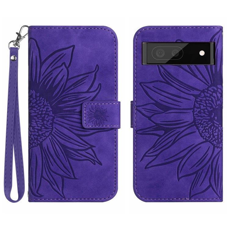 For Google Pixel 7 5G HT04 Imprinted Sunflower Anti-scratch Phone Case PU Leather Stand Wallet Skin-Touch Smartphone Cover with Hand Strap - Dark Purple