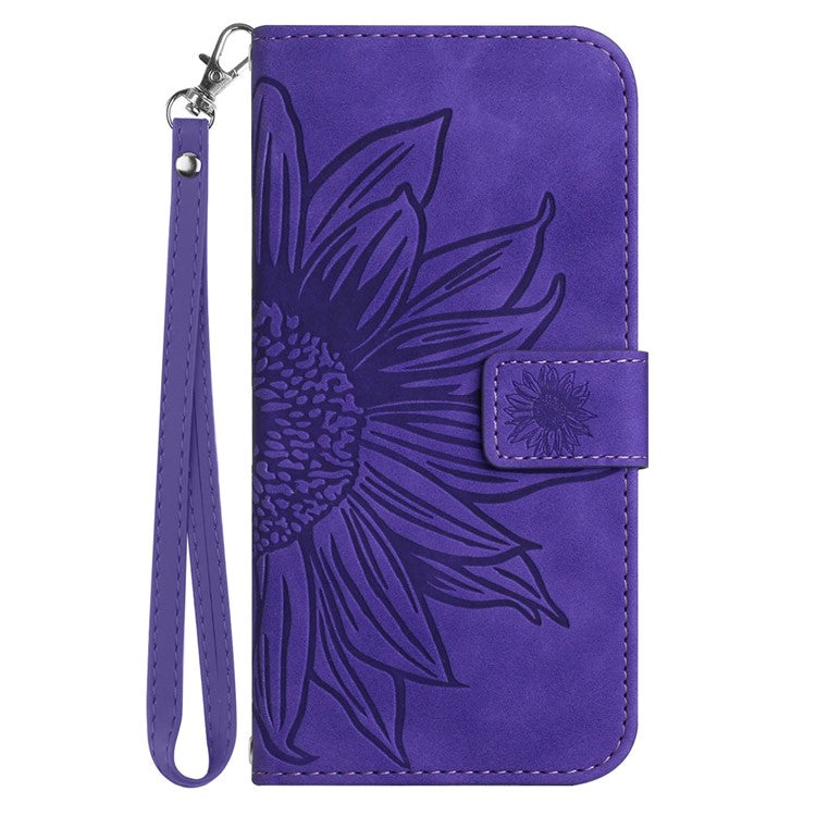 For Google Pixel 7 5G HT04 Imprinted Sunflower Anti-scratch Phone Case PU Leather Stand Wallet Skin-Touch Smartphone Cover with Hand Strap - Dark Purple