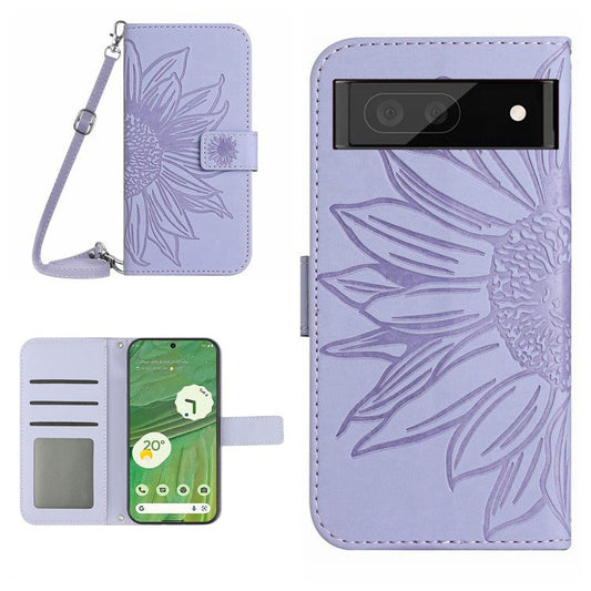 HT04 Skin-friendly Phone Case For Google Pixel 7 5G, Wallet Stand Imprinted Sunflower Shockproof Cell Phone Cover with Shoulder Strap - Light Purple