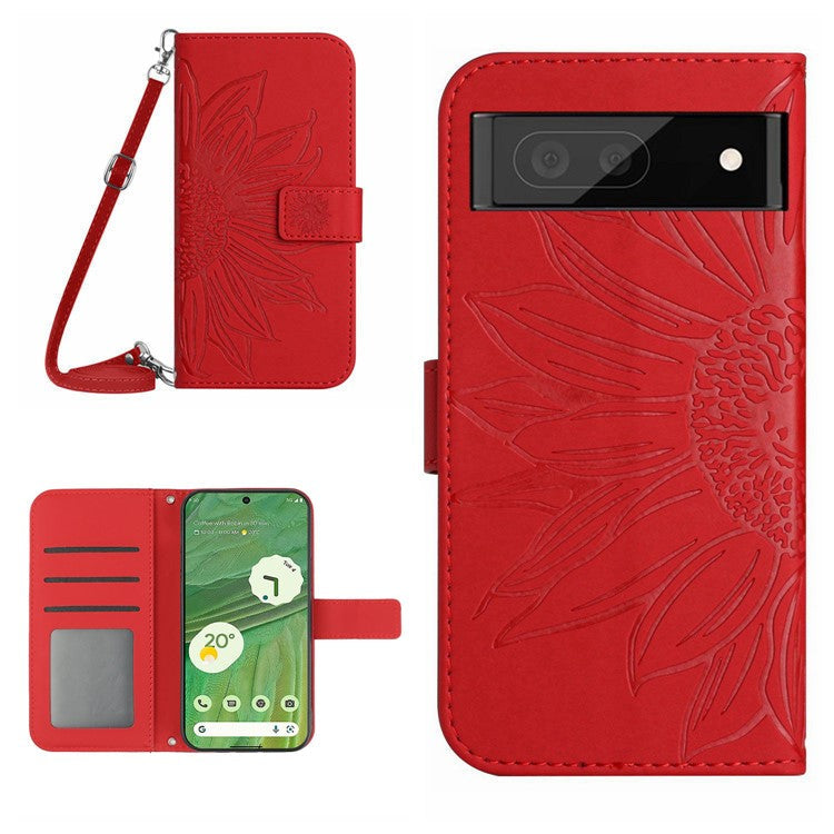 HT04 Skin-friendly Phone Case For Google Pixel 7 5G, Wallet Stand Imprinted Sunflower Shockproof Cell Phone Cover with Shoulder Strap - Red