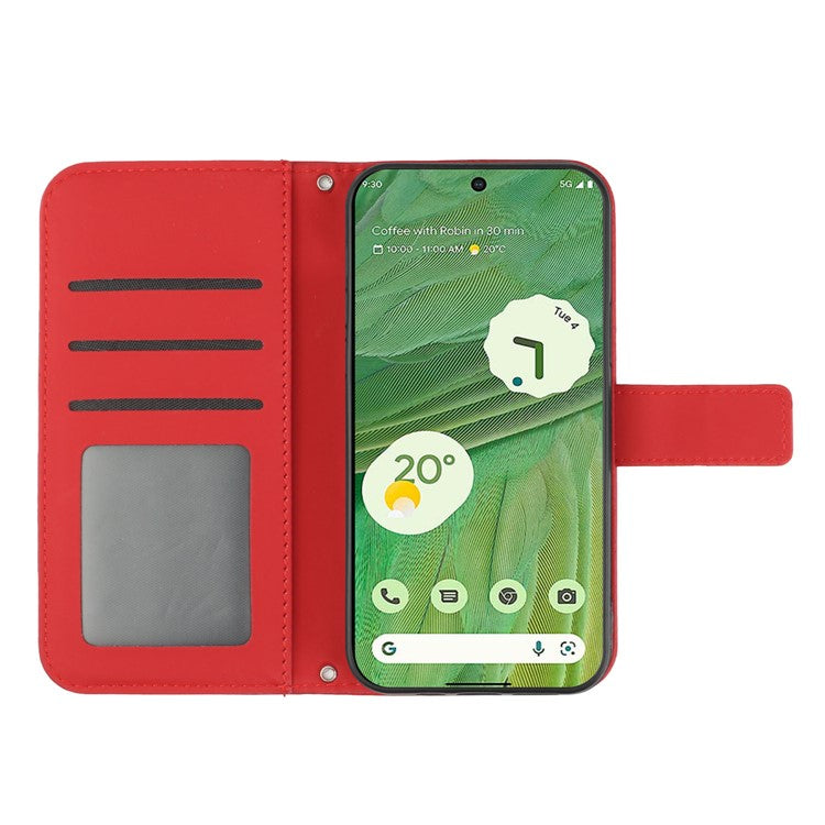 HT04 Skin-friendly Phone Case For Google Pixel 7 5G, Wallet Stand Imprinted Sunflower Shockproof Cell Phone Cover with Shoulder Strap - Red