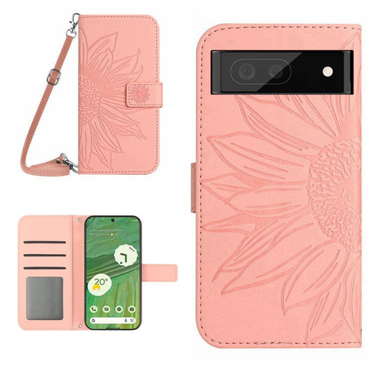 HT04 Skin-friendly Phone Case For Google Pixel 7 5G, Wallet Stand Imprinted Sunflower Shockproof Cell Phone Cover with Shoulder Strap - Light Pink