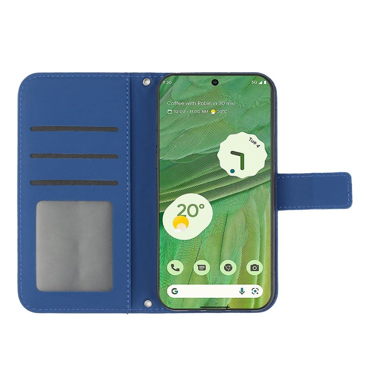 HT04 Skin-friendly Phone Case For Google Pixel 7 5G, Wallet Stand Imprinted Sunflower Shockproof Cell Phone Cover with Shoulder Strap - Sapphire