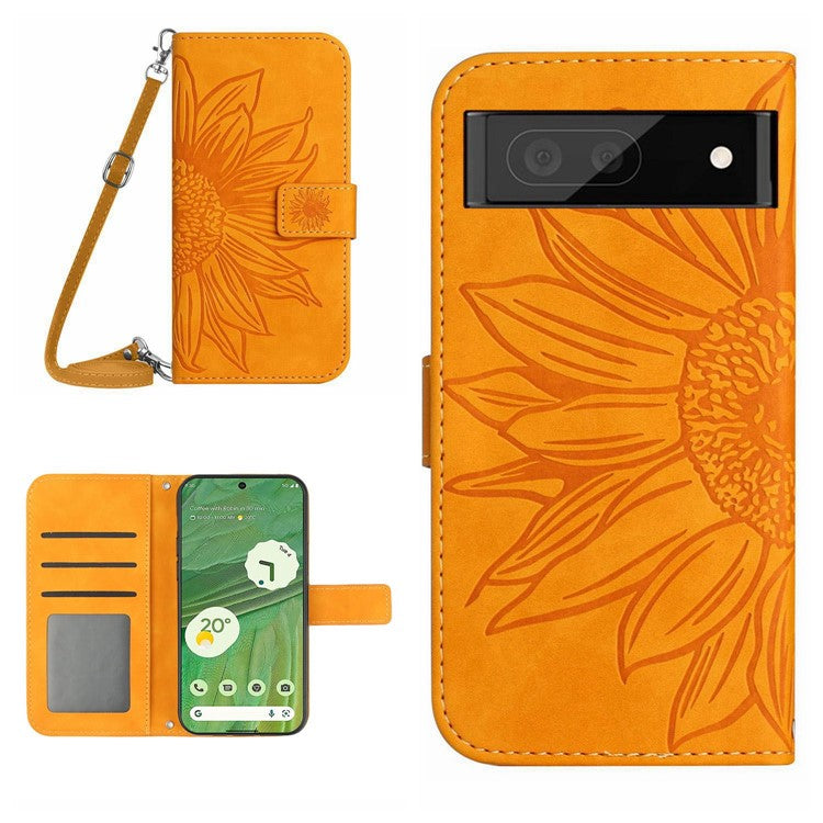 HT04 Skin-friendly Phone Case For Google Pixel 7 5G, Wallet Stand Imprinted Sunflower Shockproof Cell Phone Cover with Shoulder Strap - Yellow