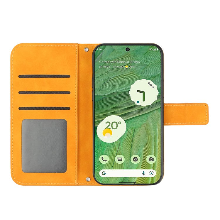 HT04 Skin-friendly Phone Case For Google Pixel 7 5G, Wallet Stand Imprinted Sunflower Shockproof Cell Phone Cover with Shoulder Strap - Yellow