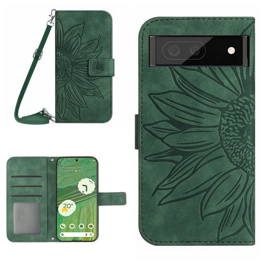 HT04 Skin-friendly Phone Case For Google Pixel 7 5G, Wallet Stand Imprinted Sunflower Shockproof Cell Phone Cover with Shoulder Strap - Dark Green