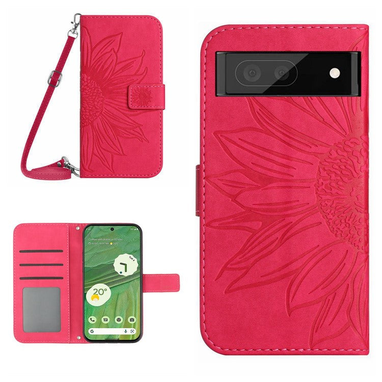 HT04 Skin-friendly Phone Case For Google Pixel 7 5G, Wallet Stand Imprinted Sunflower Shockproof Cell Phone Cover with Shoulder Strap - Rose