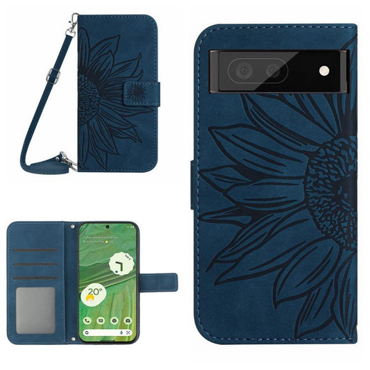 HT04 Skin-friendly Phone Case For Google Pixel 7 5G, Wallet Stand Imprinted Sunflower Shockproof Cell Phone Cover with Shoulder Strap - Dark Blue