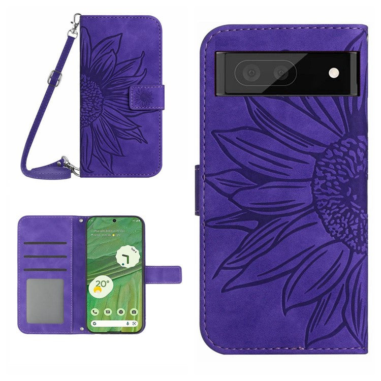 HT04 Skin-friendly Phone Case For Google Pixel 7 5G, Wallet Stand Imprinted Sunflower Shockproof Cell Phone Cover with Shoulder Strap - Dark Purple