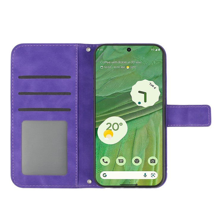 HT04 Skin-friendly Phone Case For Google Pixel 7 5G, Wallet Stand Imprinted Sunflower Shockproof Cell Phone Cover with Shoulder Strap - Dark Purple
