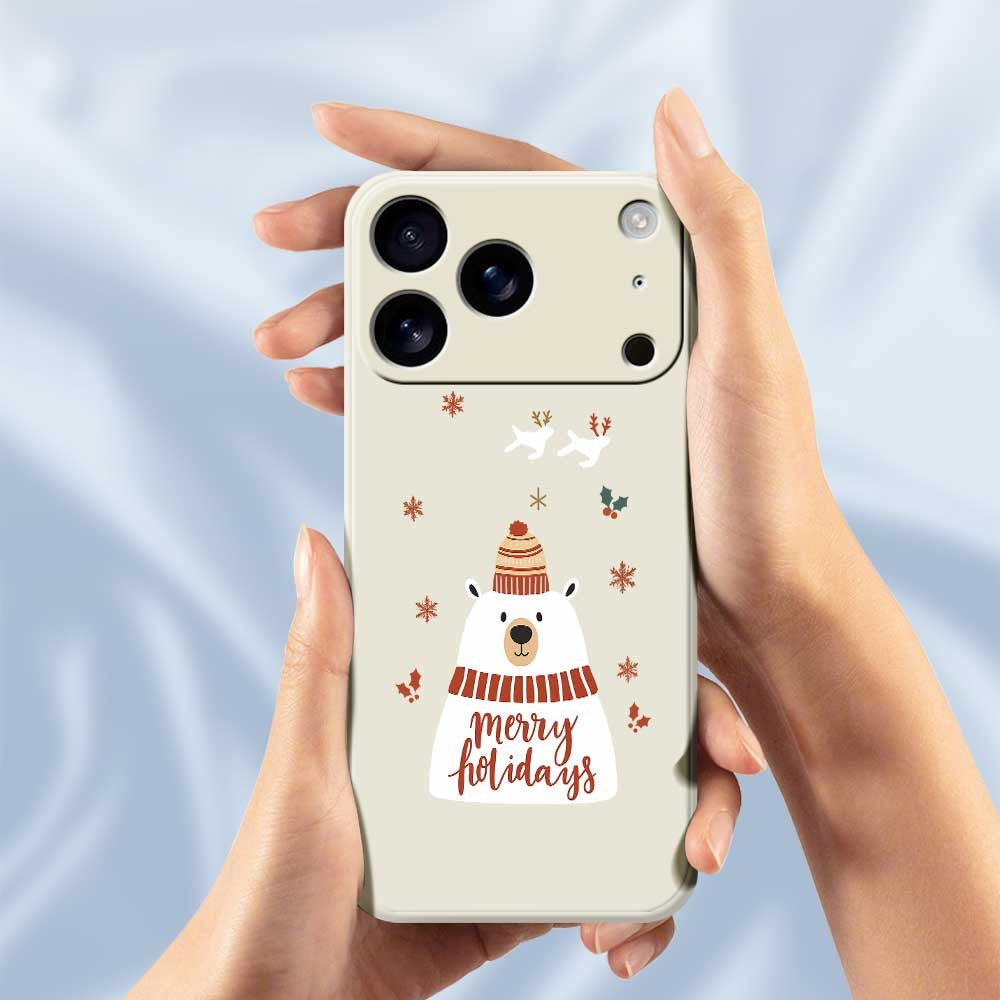 For iPhone 17 Pro Max Case Merry Holiday Bear Pattern Printing Straight Edge TPU Phone Back Cover - Beige