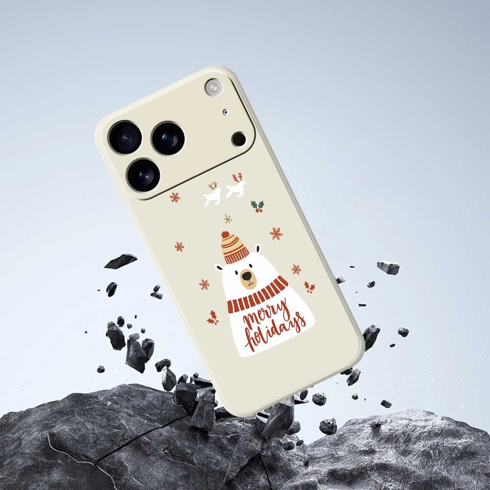 For iPhone 17 Pro Max Case Merry Holiday Bear Pattern Printing Straight Edge TPU Phone Back Cover - Beige
