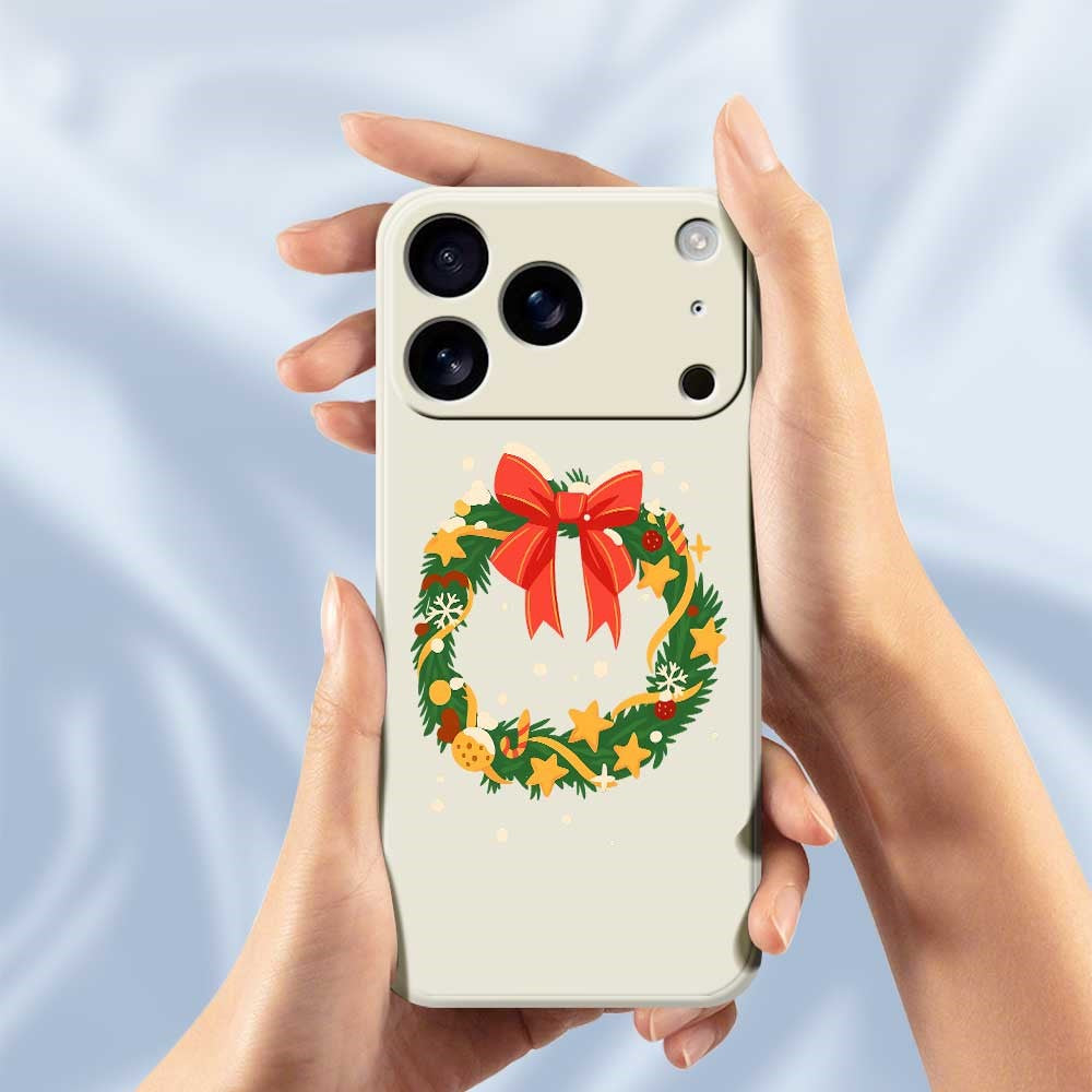 For iPhone 17 Pro Max Case Bow Wreath Pattern Printing Straight Edge TPU Phone Back Cover - Beige