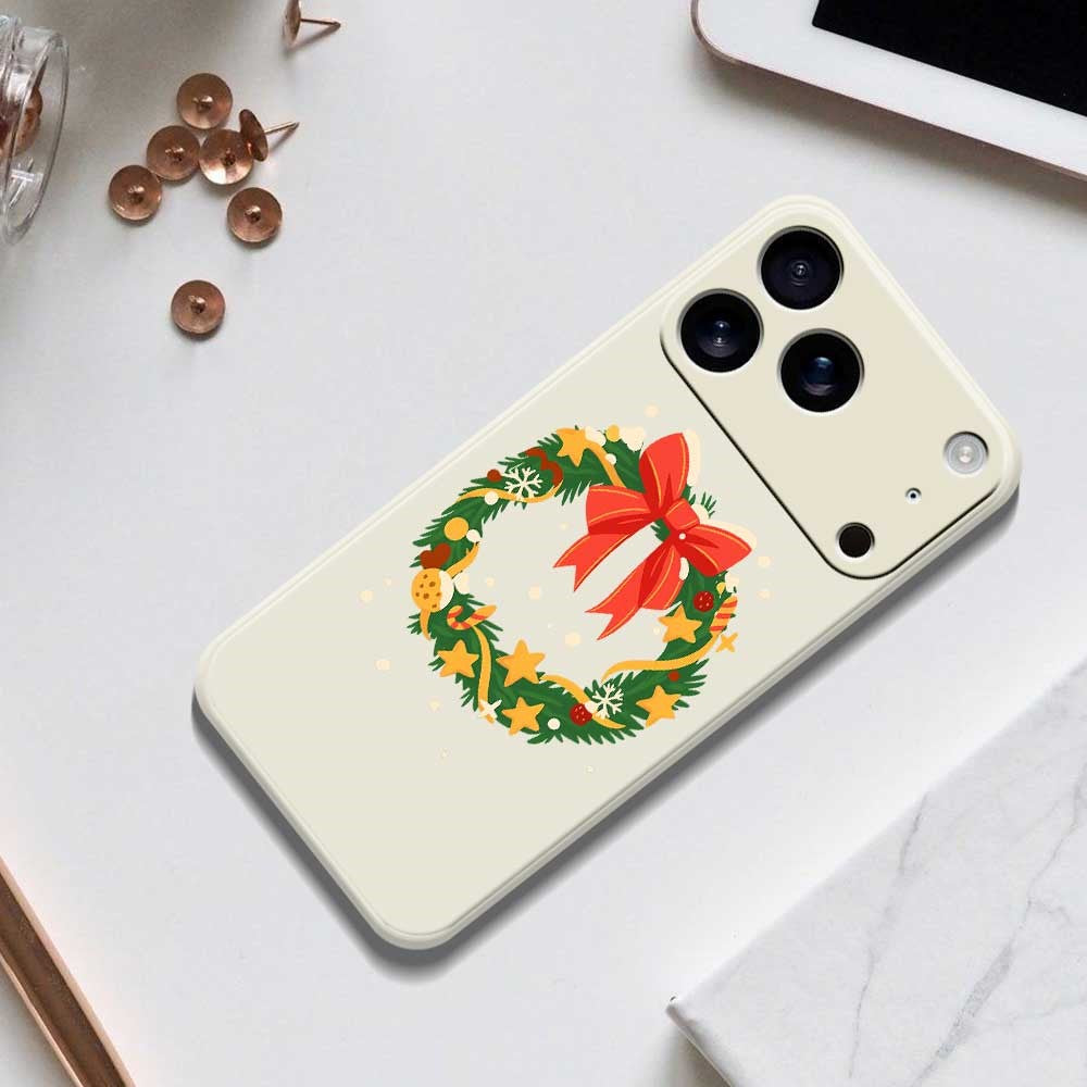 For iPhone 17 Pro Max Case Bow Wreath Pattern Printing Straight Edge TPU Phone Back Cover - Beige