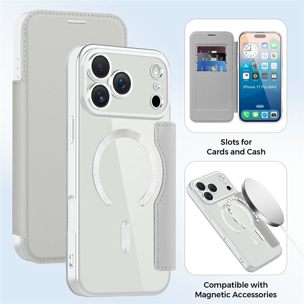For iPhone 17 Pro Max Case Compatible with MagSafe RFID Blocking Card Holder Leather Phone Cover - Titanium Grey