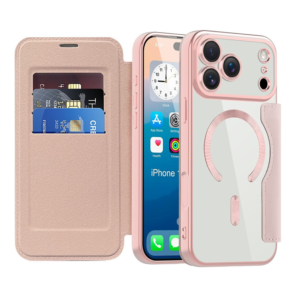 For iPhone 17 Pro Max Case Compatible with MagSafe RFID Blocking Card Holder Leather Phone Cover - Pink