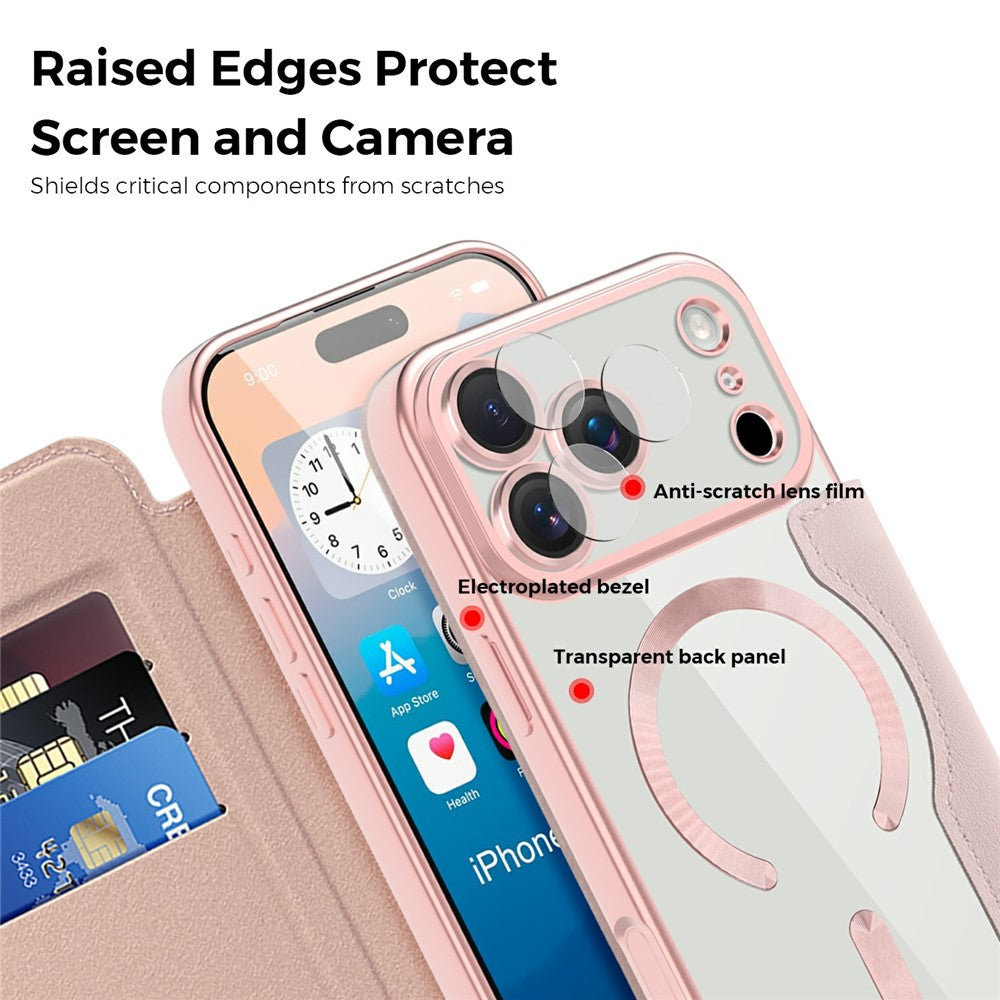 For iPhone 17 Pro Max Case Compatible with MagSafe RFID Blocking Card Holder Leather Phone Cover - Pink