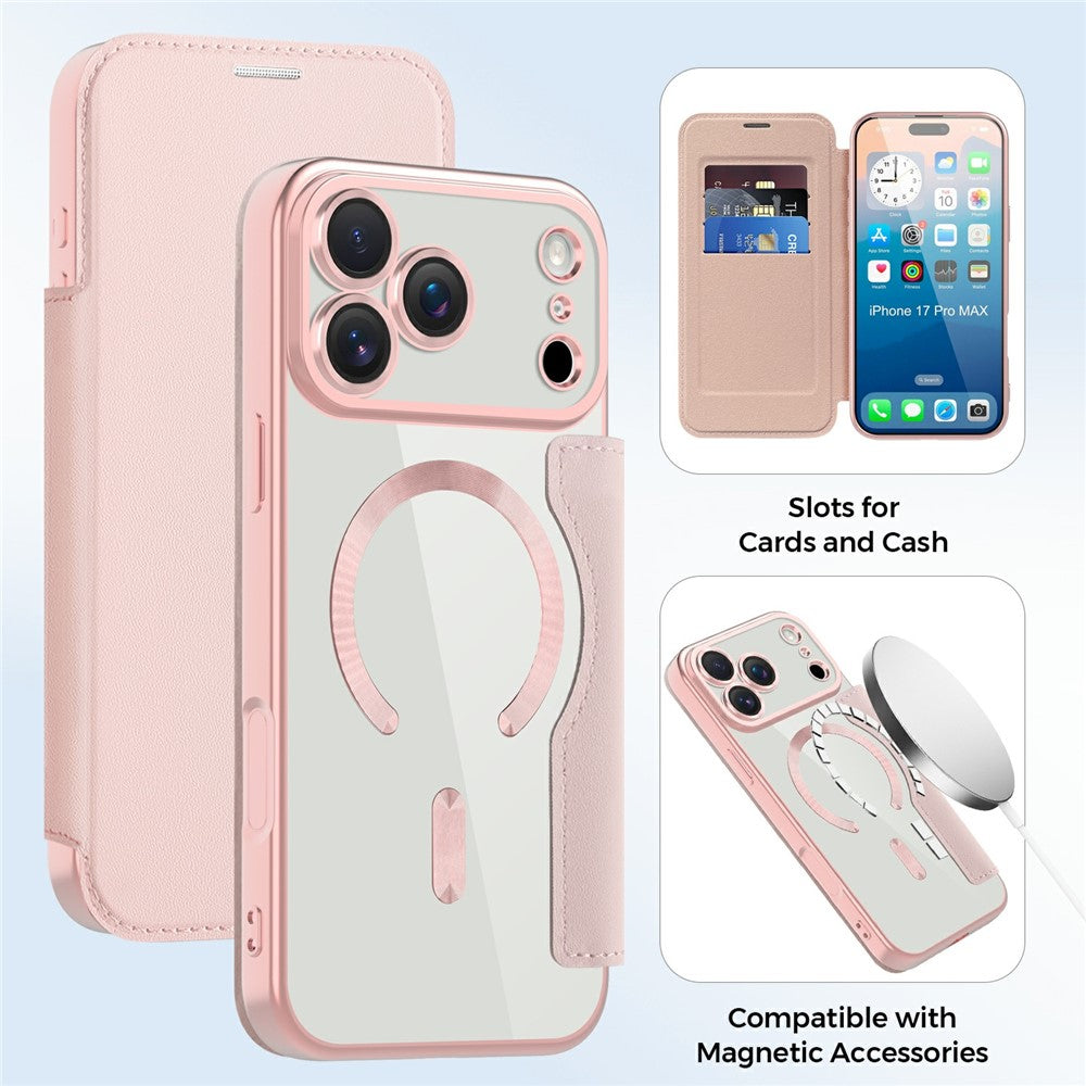 For iPhone 17 Pro Max Case Compatible with MagSafe RFID Blocking Card Holder Leather Phone Cover - Pink