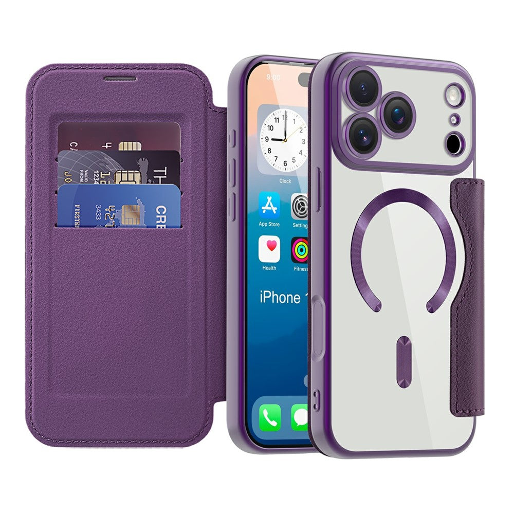 For iPhone 17 Pro Max Case Compatible with MagSafe RFID Blocking Card Holder Leather Phone Cover - Dark Purple