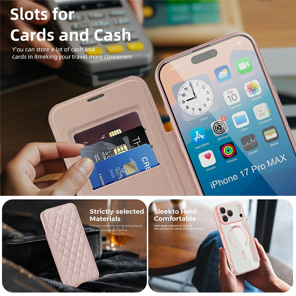 For iPhone 17 Pro Max Case Compatible with MagSafe Rhombus PU Leather Phone Cover - Pink