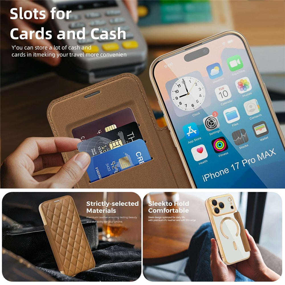 For iPhone 17 Pro Max Case Compatible with MagSafe Rhombus PU Leather Phone Cover - Brown