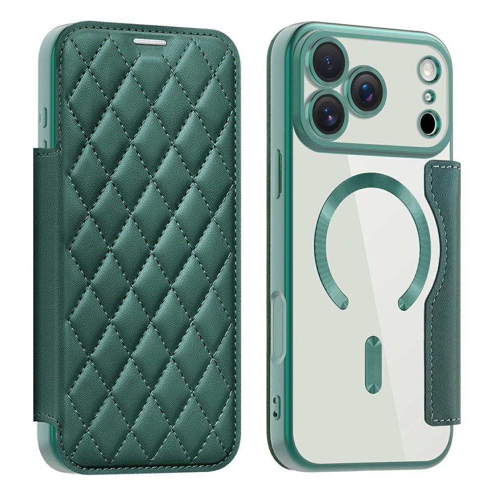 For iPhone 17 Pro Max Case Compatible with MagSafe Rhombus PU Leather Phone Cover - Blackish Green