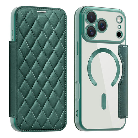 For iPhone 17 Pro Max Case Compatible with MagSafe Rhombus PU Leather Phone Cover - Blackish Green