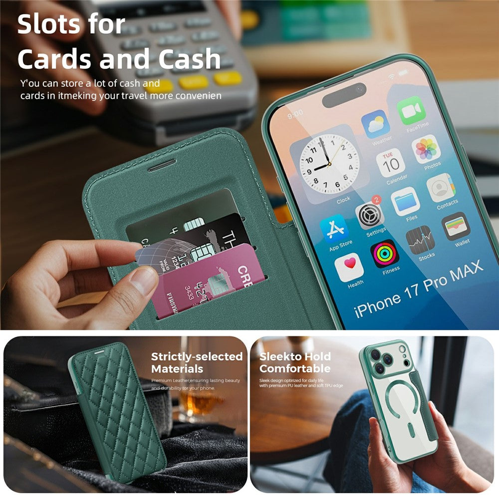 For iPhone 17 Pro Max Case Compatible with MagSafe Rhombus PU Leather Phone Cover - Blackish Green
