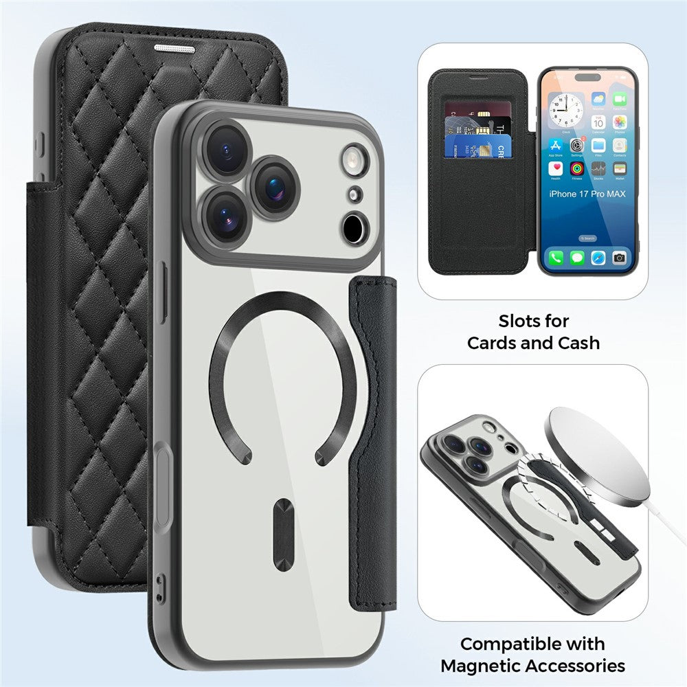 For iPhone 17 Pro Max Case Compatible with MagSafe Rhombus PU Leather Phone Cover - Black