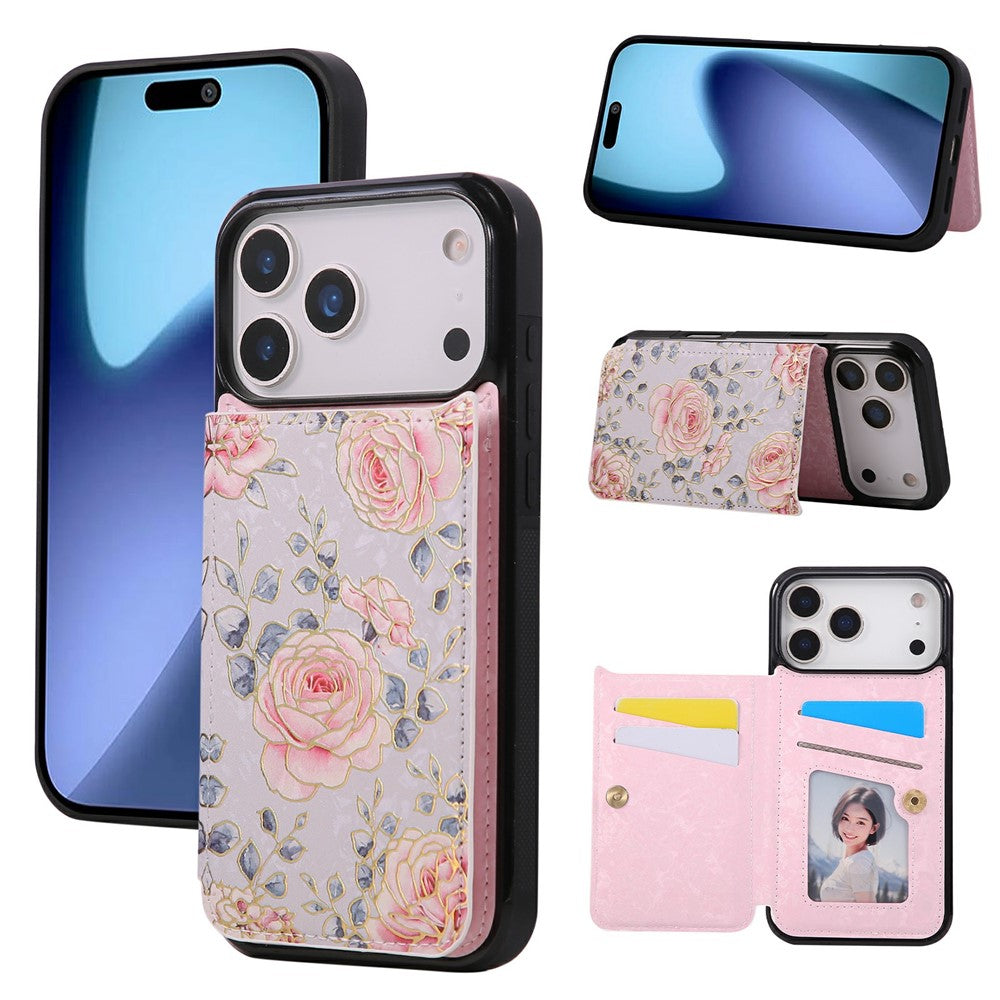 For iPhone 17 Pro Max Case Flower Leather TPU RFID Blocking Phone Cover Card Slots - Rose