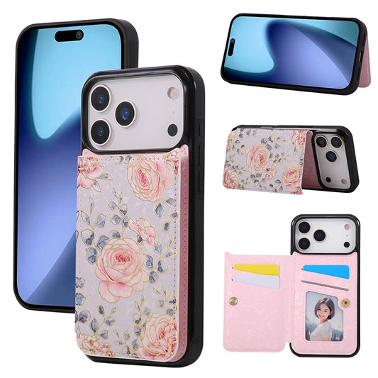 For iPhone 17 Pro Max Case Flower Leather TPU RFID Blocking Phone Cover Card Slots - Rose