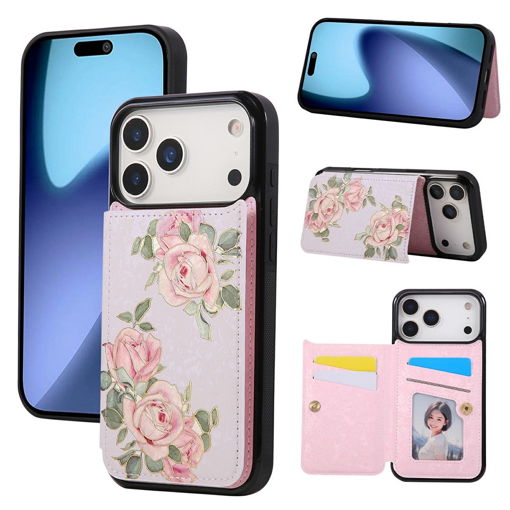 For iPhone 17 Pro Max Case Flower Leather TPU RFID Blocking Phone Cover Card Slots - Rose Flower