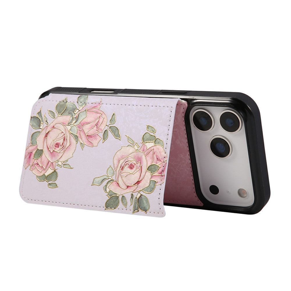 For iPhone 17 Pro Max Case Flower Leather TPU RFID Blocking Phone Cover Card Slots - Rose Flower