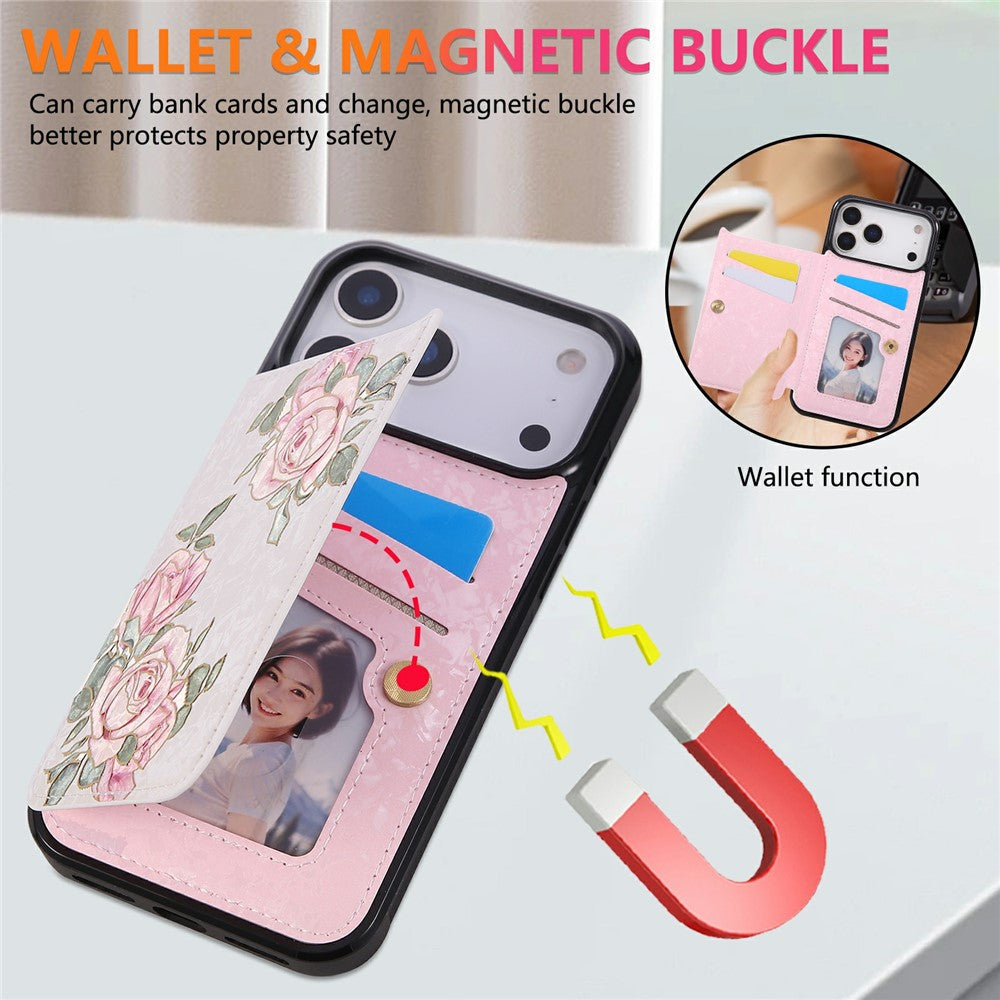 For iPhone 17 Pro Max Case Flower Leather TPU RFID Blocking Phone Cover Card Slots - Rose Flower