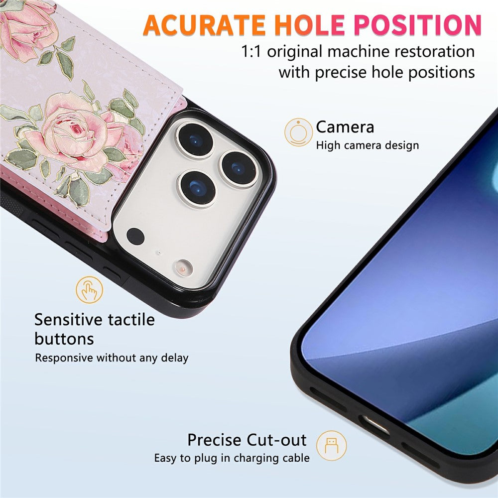 For iPhone 17 Pro Max Case Flower Leather TPU RFID Blocking Phone Cover Card Slots - Rose Flower