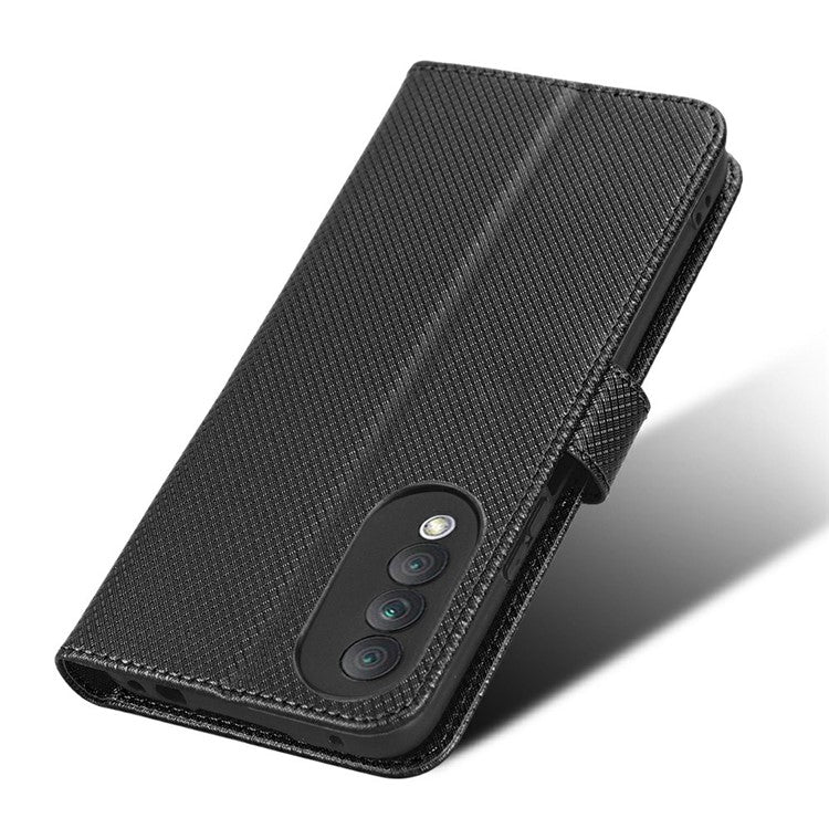 Magnetic Closure Cell Phone Cover For Honor X20 SE / Huawei nova 10z 4G, Diamond Texture PU Leather Stand Anti-fall Flip Wallet Phone Cover with Strap - Black