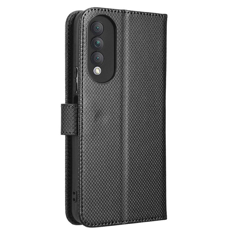 Magnetic Closure Cell Phone Cover For Honor X20 SE / Huawei nova 10z 4G, Diamond Texture PU Leather Stand Anti-fall Flip Wallet Phone Cover with Strap - Black