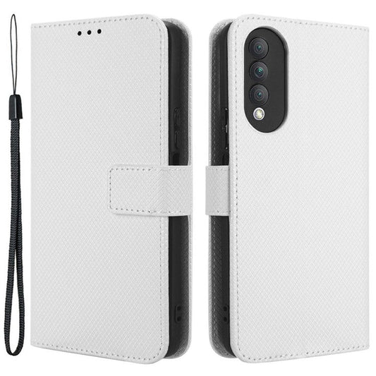 Magnetic Closure Cell Phone Cover For Honor X20 SE / Huawei nova 10z 4G, Diamond Texture PU Leather Stand Anti-fall Flip Wallet Phone Cover with Strap - White