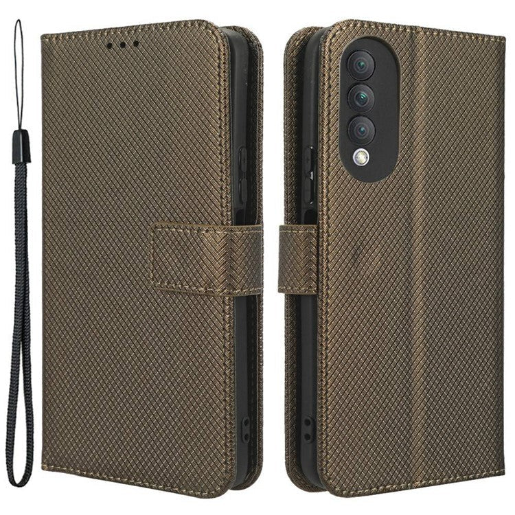 Magnetic Closure Cell Phone Cover For Honor X20 SE / Huawei nova 10z 4G, Diamond Texture PU Leather Stand Anti-fall Flip Wallet Phone Cover with Strap - Brown