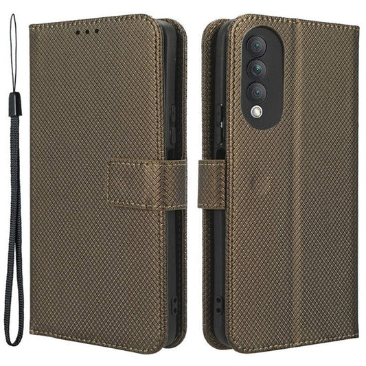 Magnetic Closure Cell Phone Cover For Honor X20 SE / Huawei nova 10z 4G, Diamond Texture PU Leather Stand Anti-fall Flip Wallet Phone Cover with Strap - Brown