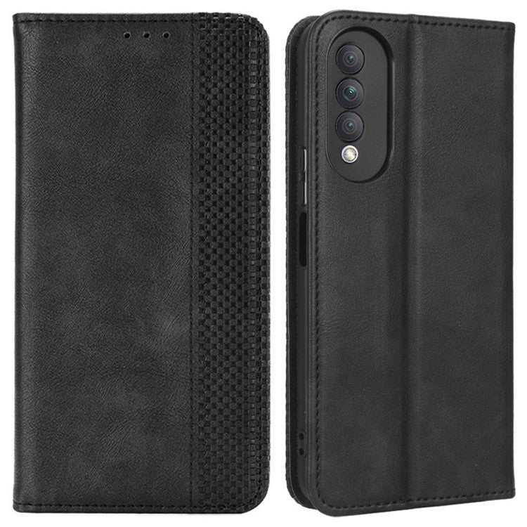 Retro Texture Imprinted Phone Case For Huawei nova 10z 4G / Honor X20 SE, PU Leather Wallet Stand Magnetic Auto-absorbed Anti-scratch Smartphone Cover - Black