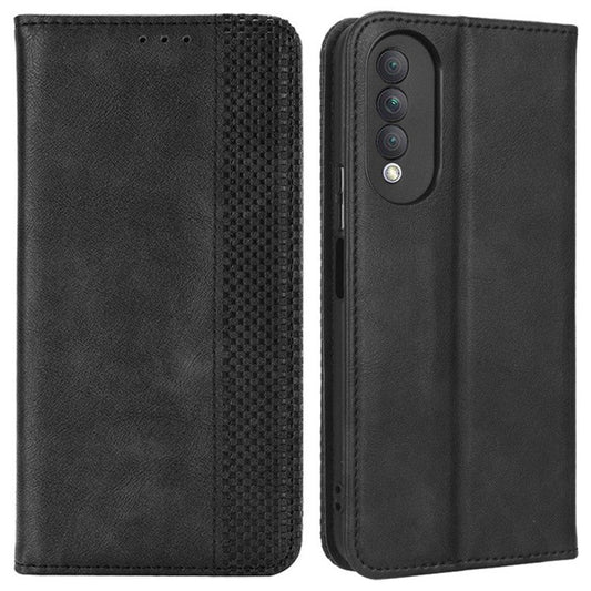 Retro Texture Imprinted Phone Case For Huawei nova 10z 4G / Honor X20 SE, PU Leather Wallet Stand Magnetic Auto-absorbed Anti-scratch Smartphone Cover - Black