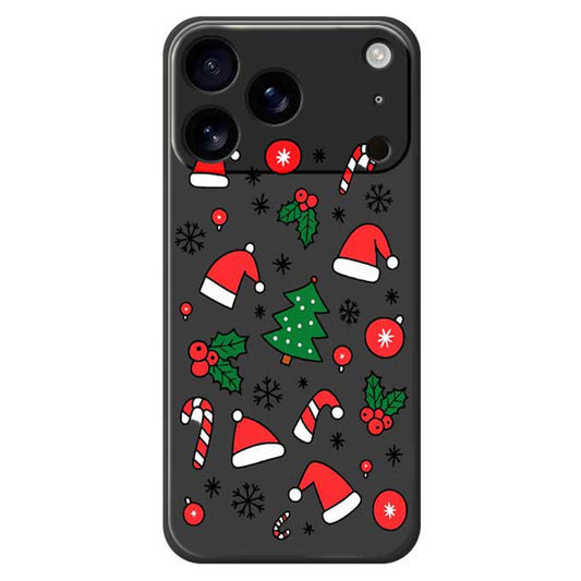 For iPhone 17 Pro Max Case Santa Hats and Canes Pattern Printing Straight Edge TPU Phone Back Cover - Black