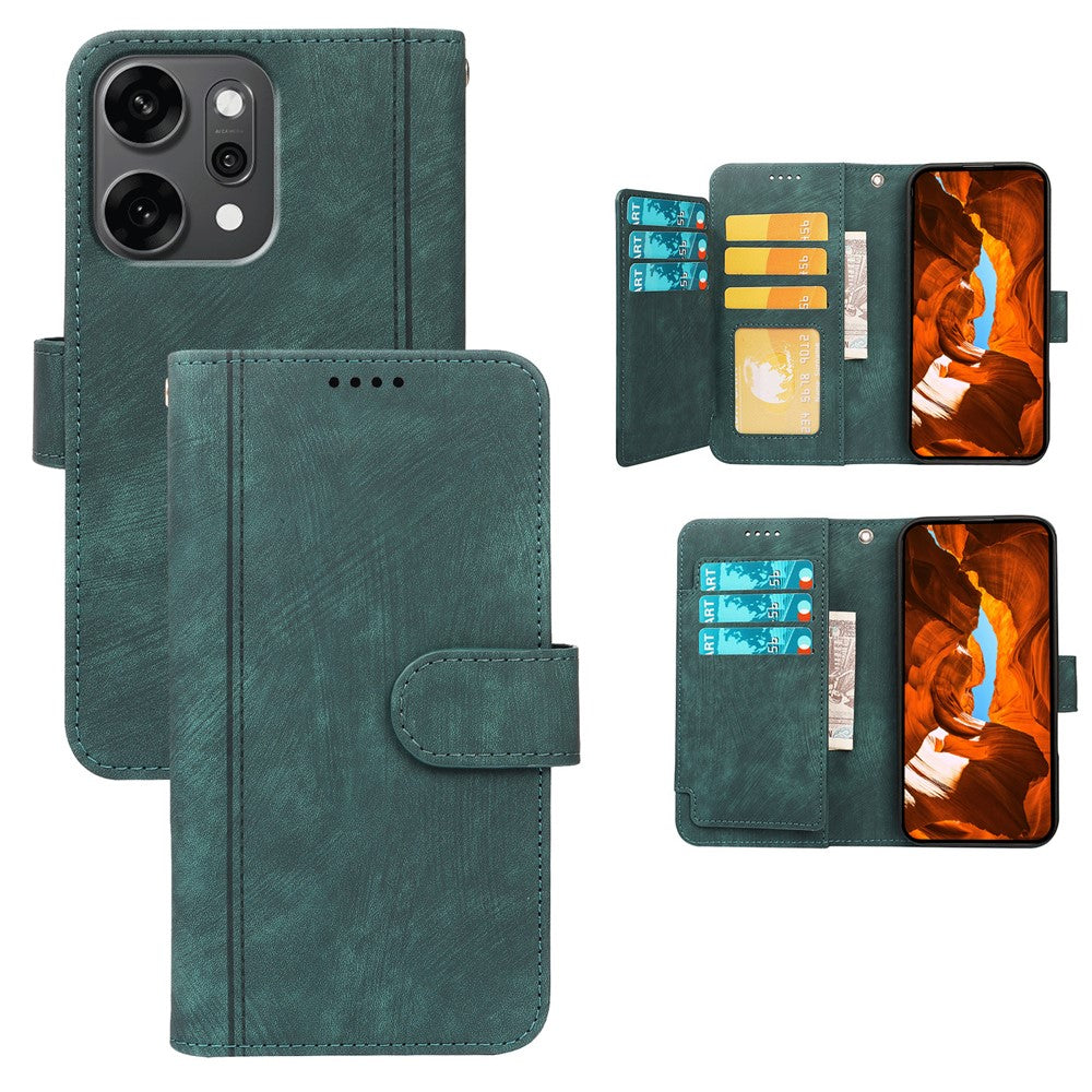 For Oppo Reno14 Pro 5G (Global) Leather Case Line Pattern Wallet Phone Cover with 9 Card Slots - Green