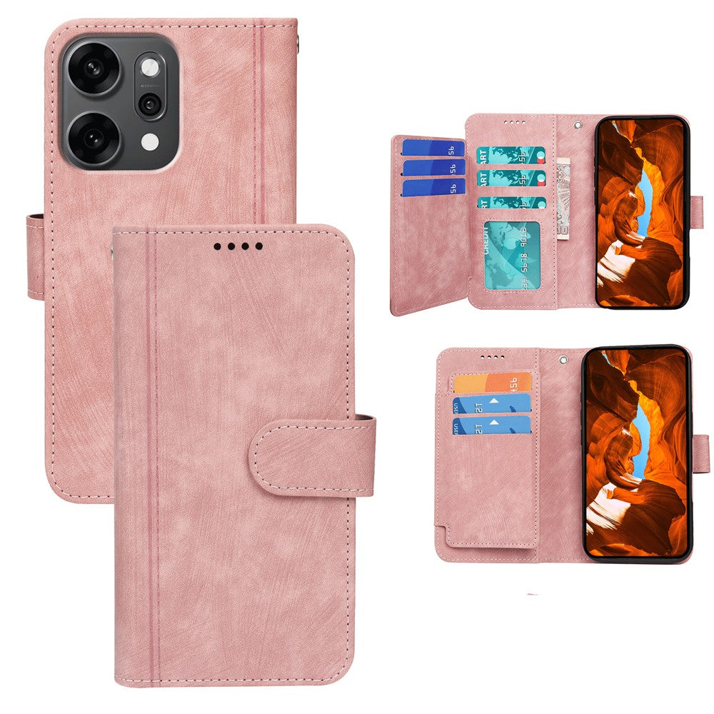 For Oppo Reno14 Pro 5G (Global) Leather Case Line Pattern Wallet Phone Cover with 9 Card Slots - Rose Gold