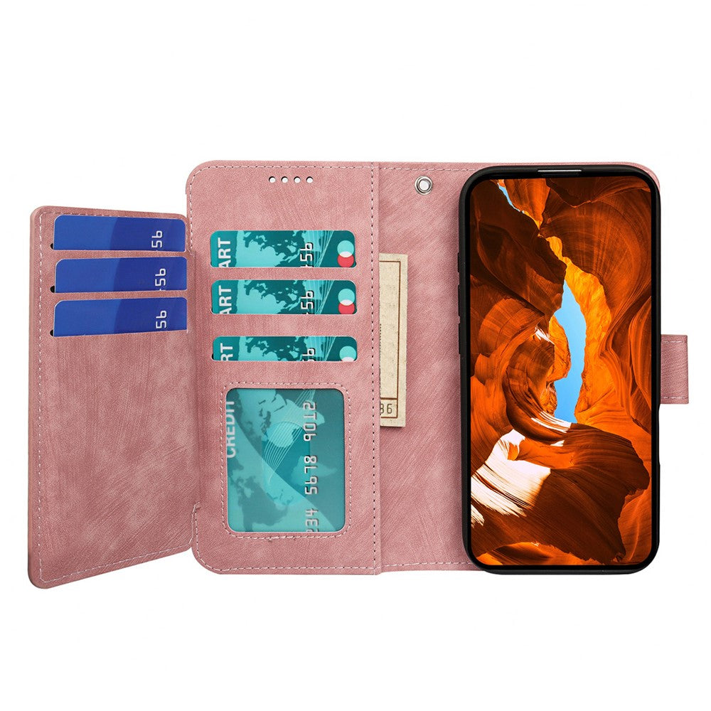 For Oppo Reno14 Pro 5G (Global) Leather Case Line Pattern Wallet Phone Cover with 9 Card Slots - Rose Gold