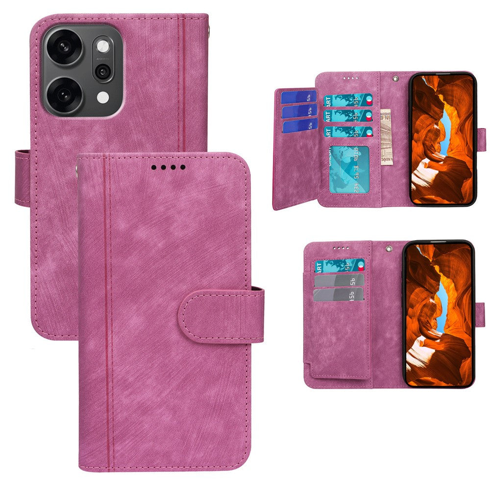 For Oppo Reno14 Pro 5G (Global) Leather Case Line Pattern Wallet Phone Cover with 9 Card Slots - Rose